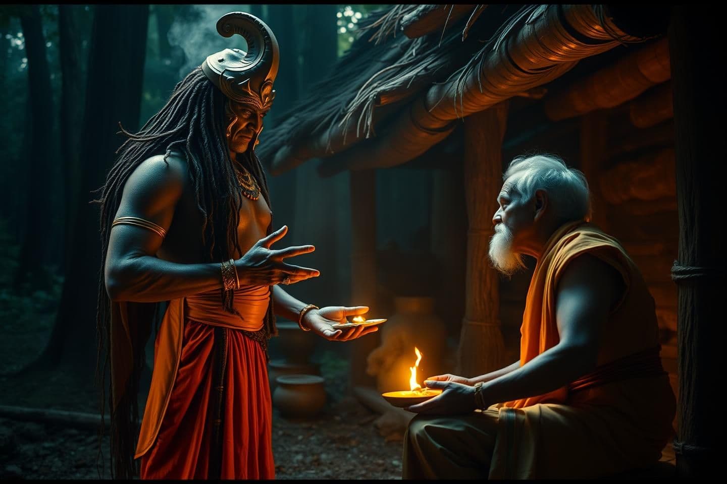 AI generated: cinematic, 4k“Ravana disguised as an old sage (Sadhu) standing before Sita at the forest hut. Sita offers him food with kindness. The atmosphere slightly dark, mysterious tension i