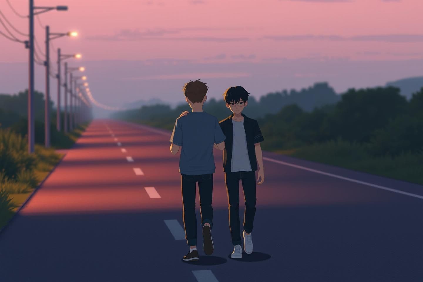 AI generated: "Two young men walking together on a quiet evening road, one looking sad with lowered head, the other comforting him by holding his arm gently, soft light around them, style: 3d pi