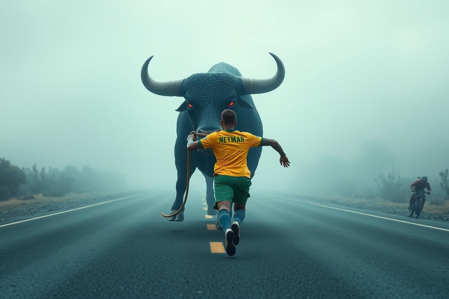 AI generated: Ultra-realistic wide shot of Neymar in a yellow Brazil jersey sprinting down the same empty asphalt highway.
He grips a thick rope tied to a gigantic mutated black zombie bull — cr