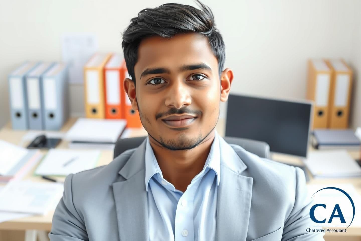 AI generated:
“A 24-year-old Indian male in a professional siting, wearing a formal light-blue or white shirt with a blazer. The background shows an auditor’s workspace with files, ledgers, sp