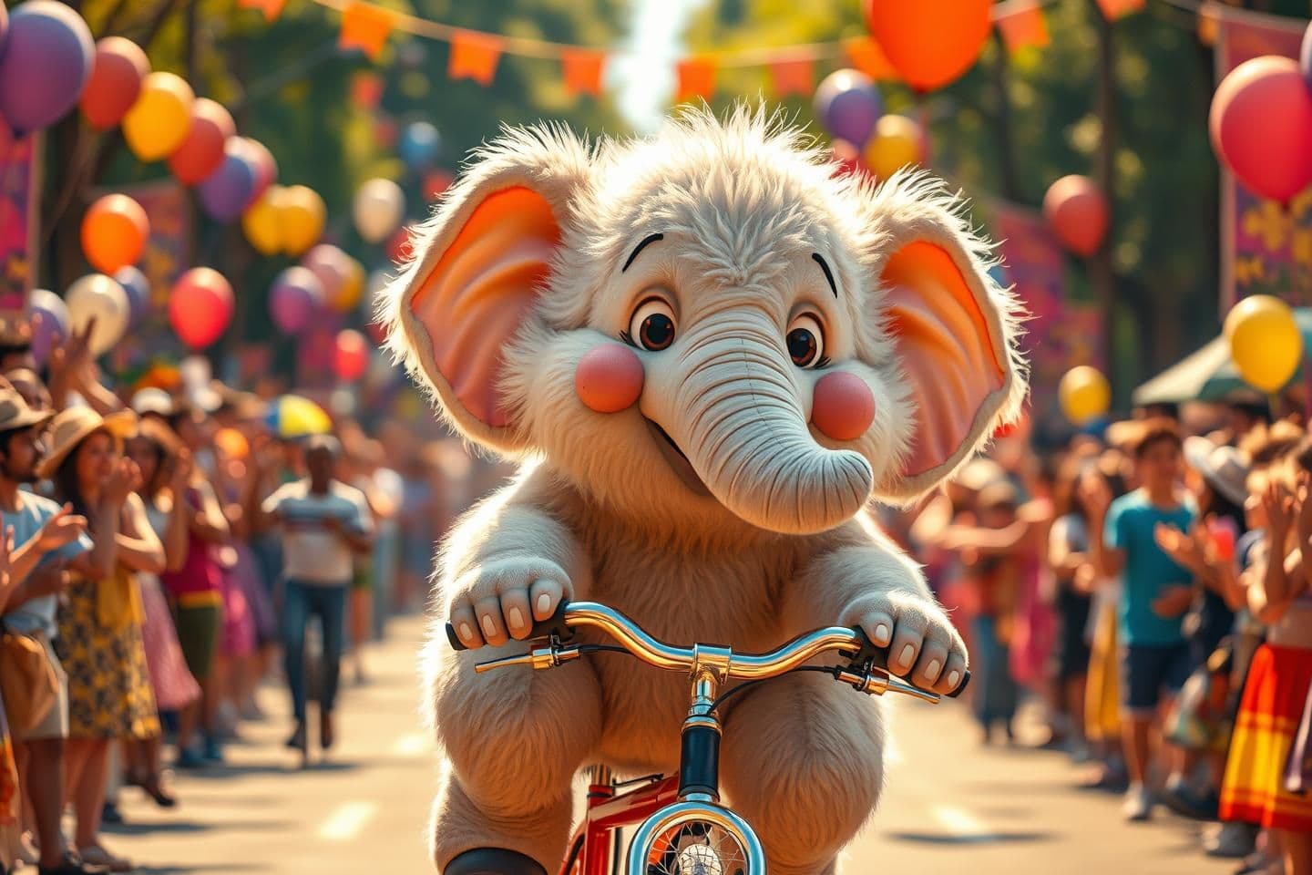 AI generated: A fluffy, adorable elephant riding a bicycle down a lively road, surrounded by a cheerful gathering of people. The elephant has soft, plush fur, big expressive eyes, and a joyful s