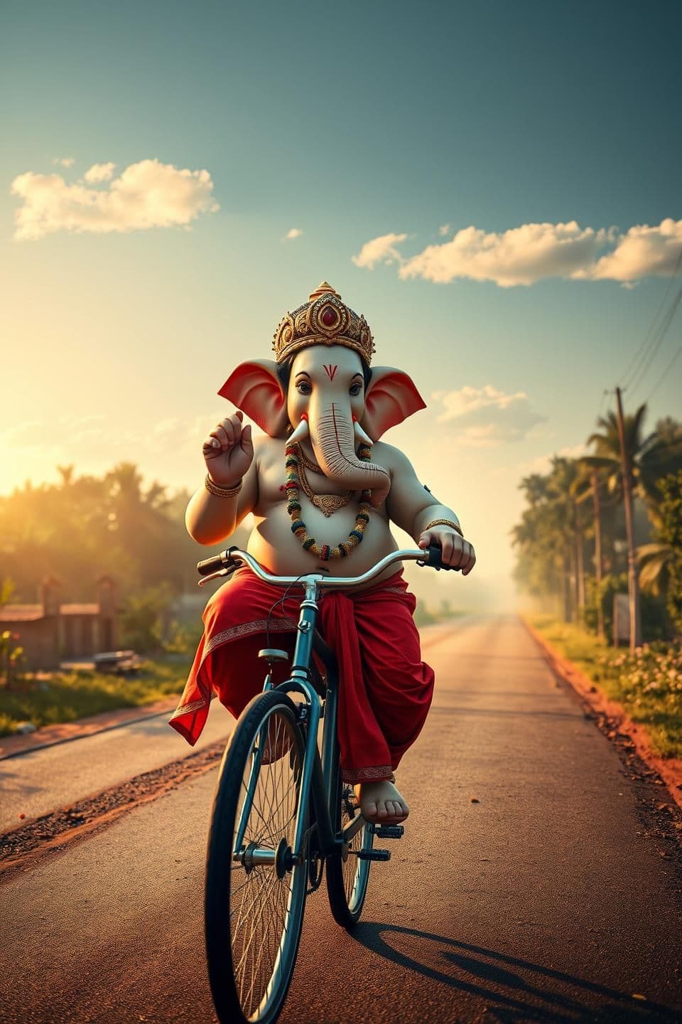 AI generated: Lord Ganesha riding a bicycle, elephant head with a gentle smiling face, wearing a golden crown and red dhoti. Morning golden sunlight, peaceful Indian village road, surrounded by