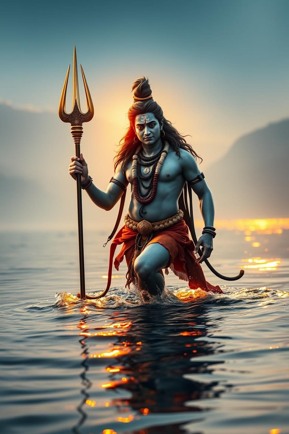 AI generated: Lord Shiva standing dynamically in the River Ganga — one leg forward, half body above water and half below, holding the Trishul diagonally so that its head just touches the water s