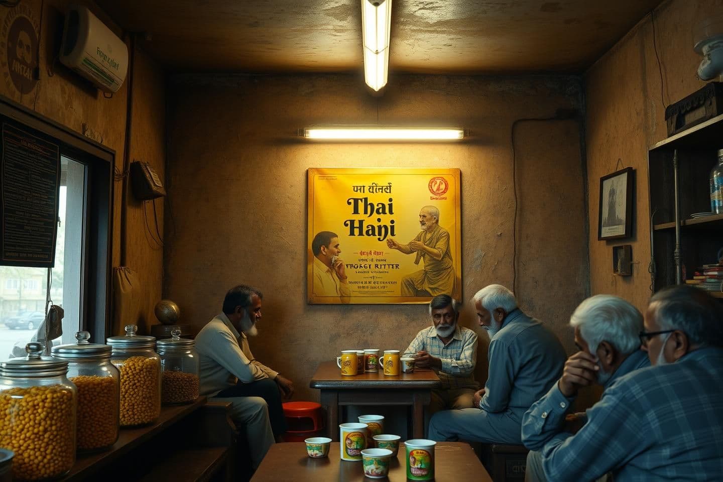 AI generated: Create a realistic interior of an old Kerala chai shop with rustic walls, fluorescent light, glass jars of snacks, and elderly men drinking tea. On the back wall there is a rectang