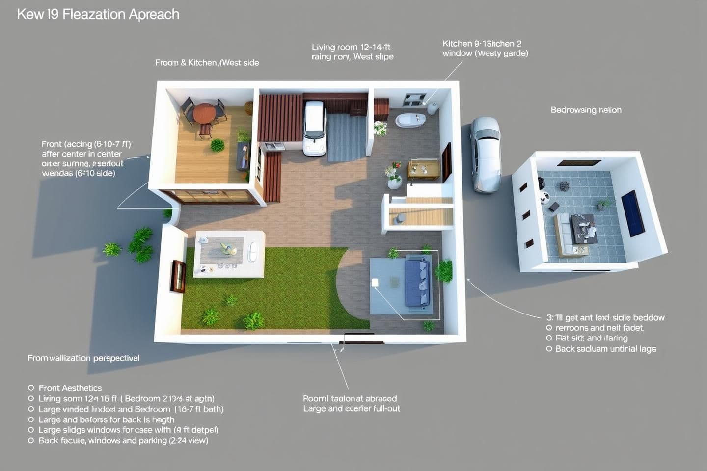 AI generated:
🏡 3D Concept for Your 30×43 ft Modern House
Key Features in 3D View
Front (East-facing)
Garden (6×10 ft) in center
Water sump (6×6 ft) on left corner
Parking (14×15 ft) on ri