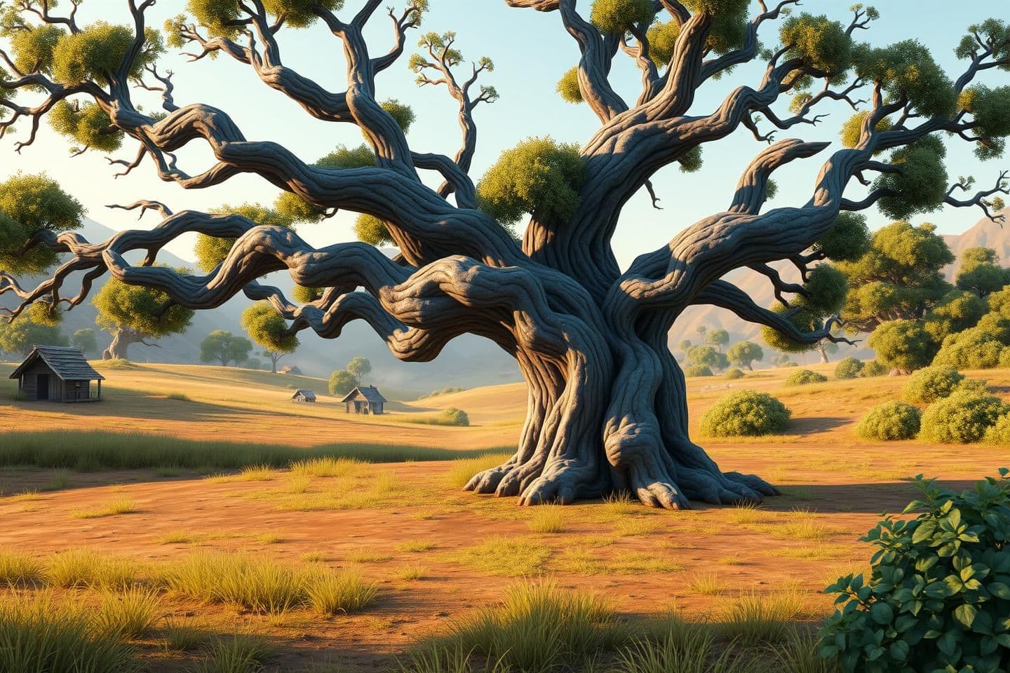 AI generated: “Create a detailed village background with a large old tree in the center having wide branches and a thick textured trunk. Surround it with a grassy field mixed with brown patches