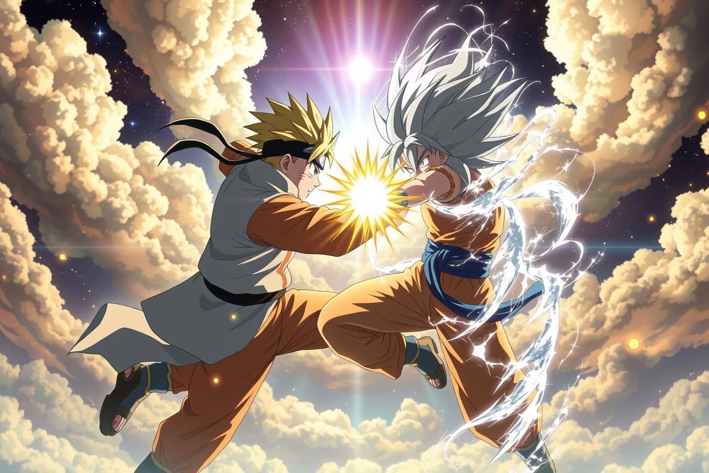 AI generated: “Ultra-detailed 4K illustration of Naruto (Sage of Six Paths mode) fighting Goku (Ultra Instinct). Scene set in a heaven-like space dimension with bright celestial clouds, cosmic l