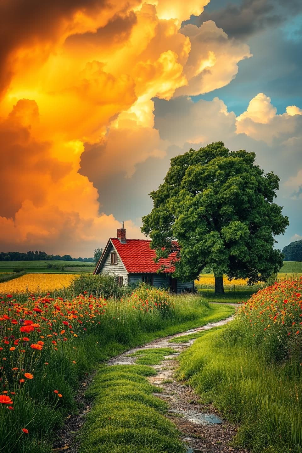 AI generated: Create a landscape of a serene countryside scene during a gentle summer rain. A cozy cottage with a red roof is nestled near a large, lush green tree. The sky is filled with dramat