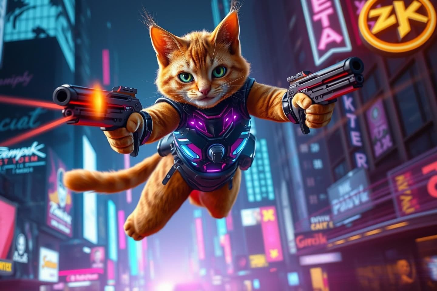 AI generated: Ultra-realistic cyberpunk concept art of an anthropomorphic orange tabby mercenary mid-leap through a neon-lit futuristic city at night. The cat wears a sleek high-tech bodysuit wi