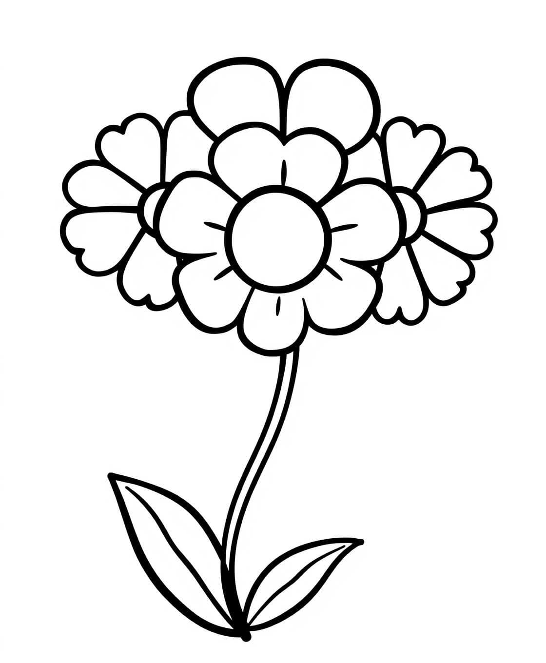 AI generated: A group of three cute whimsical flowers with different petal shapes (heart petals, round petals, pointed petals) arranged together. Simple black outlines, white background, playful
