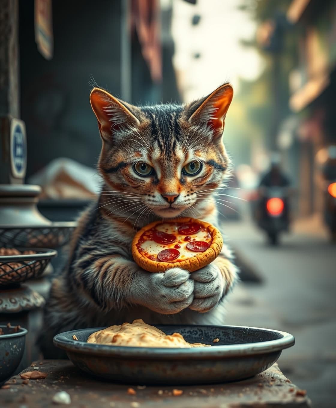 AI generated: A The determined cat working hard in a small roadside stall, kneading pizza dough with tiny paws. Later, the cat places a freshly baked mini pizza on her own back and walks on the