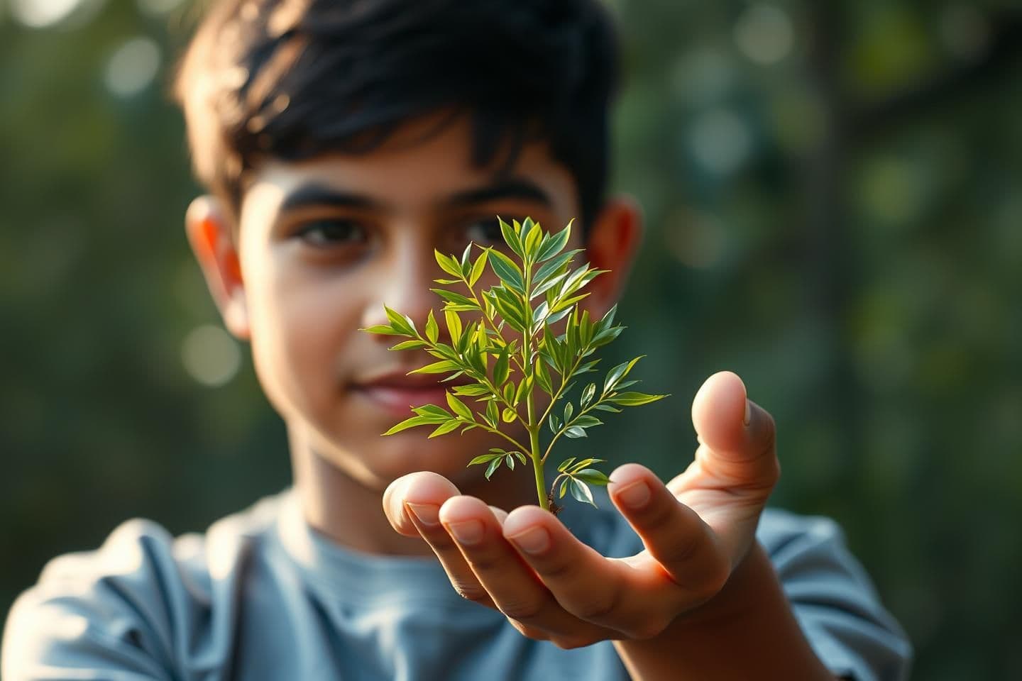 AI generated: Morning cinematic storytelling frame. A teenage boy gently holding a small, healthy neem sapling in his hand. Soft natural light, calm proud moment, personal inner victory aura sho