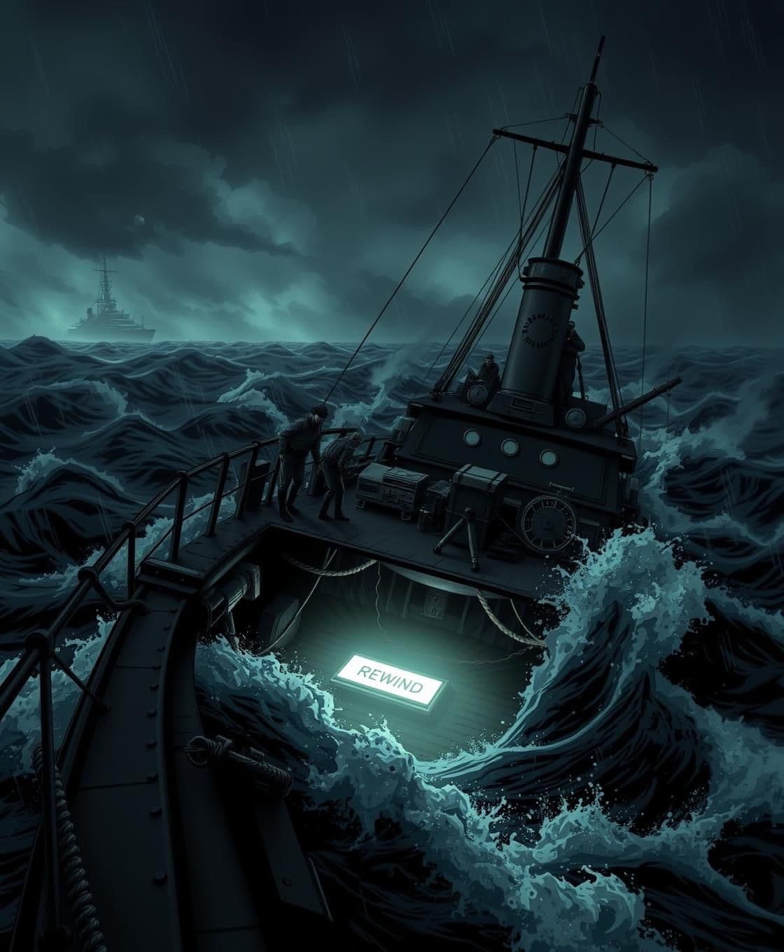 AI generated: A dramatic, stormy sea scene with a 1940s military ship (the Belvaria) rocking violently on dark, churning waves. Thick dark clouds fill the sky, wind blowing and rain falling. On