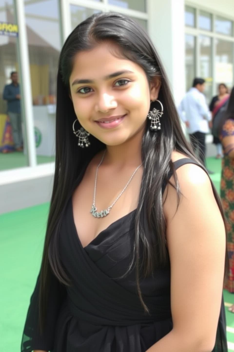 AI generated: A young Indian woman, likely in her early fourteens , is the main subject. She is wearing large silver earrings. Her dark hair is long and straight. She has fair skin, and a subtle