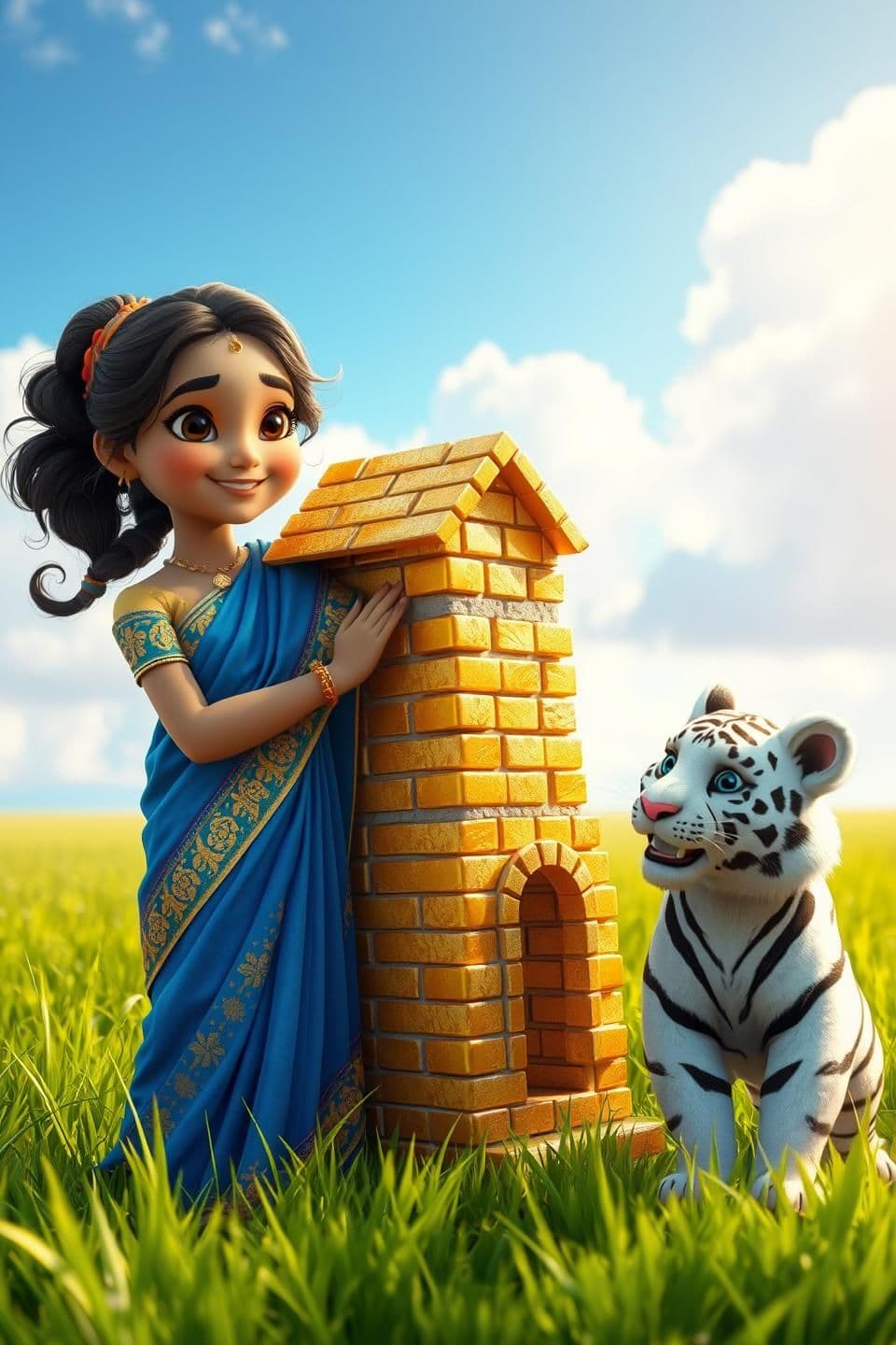AI generated: “A beautiful Indian girl wearing a bright blue saree with golden embroidery, smiling while building a small house made entirely of shiny gold bricks in an open green field. The sce