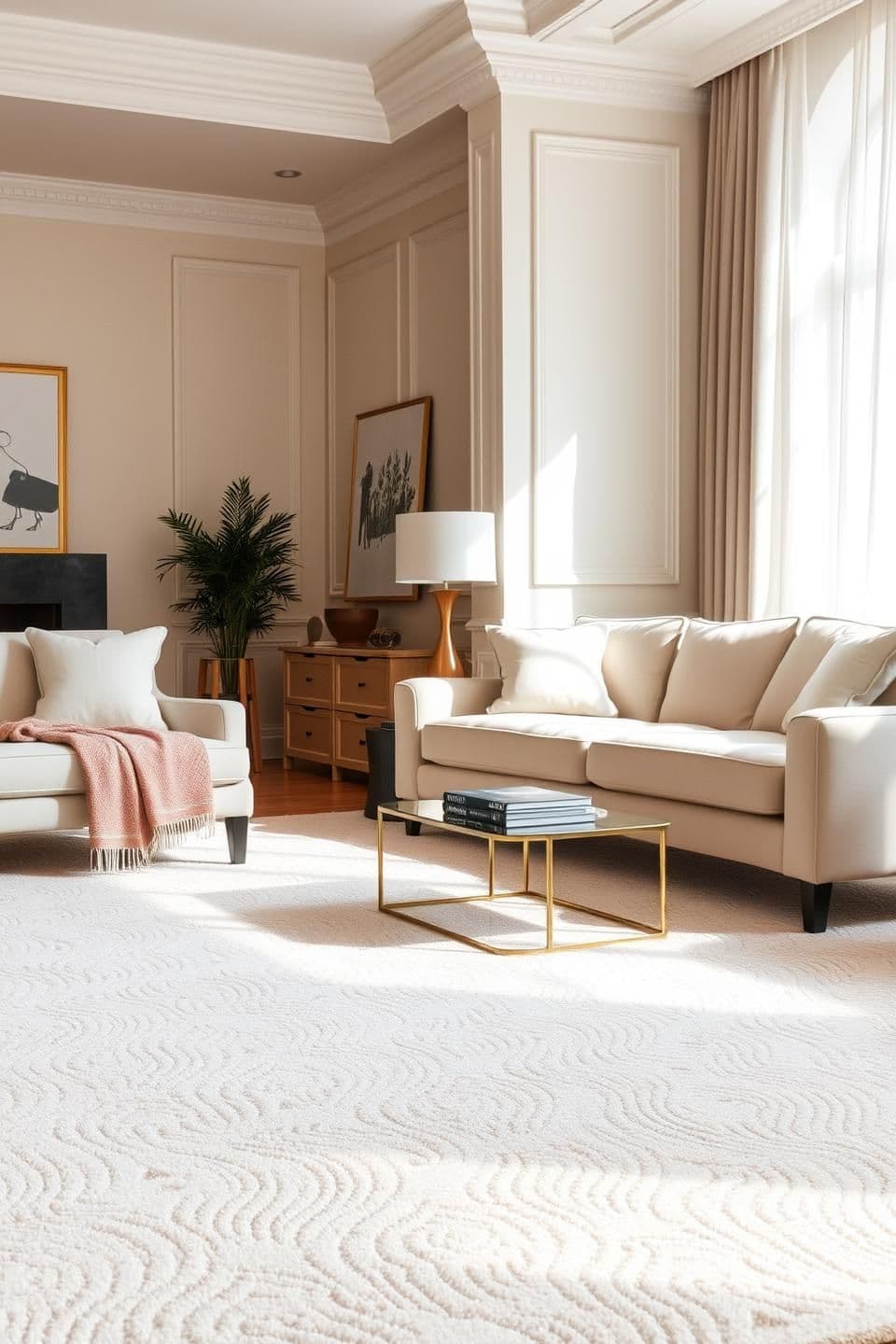 AI generated: Aesthetic luxury living room scene with a pastel hand-tufted carpet, elegant furniture arrangement, cozy warm ambiance.
Neutral-toned sofa with a layered throw blanket, art books
