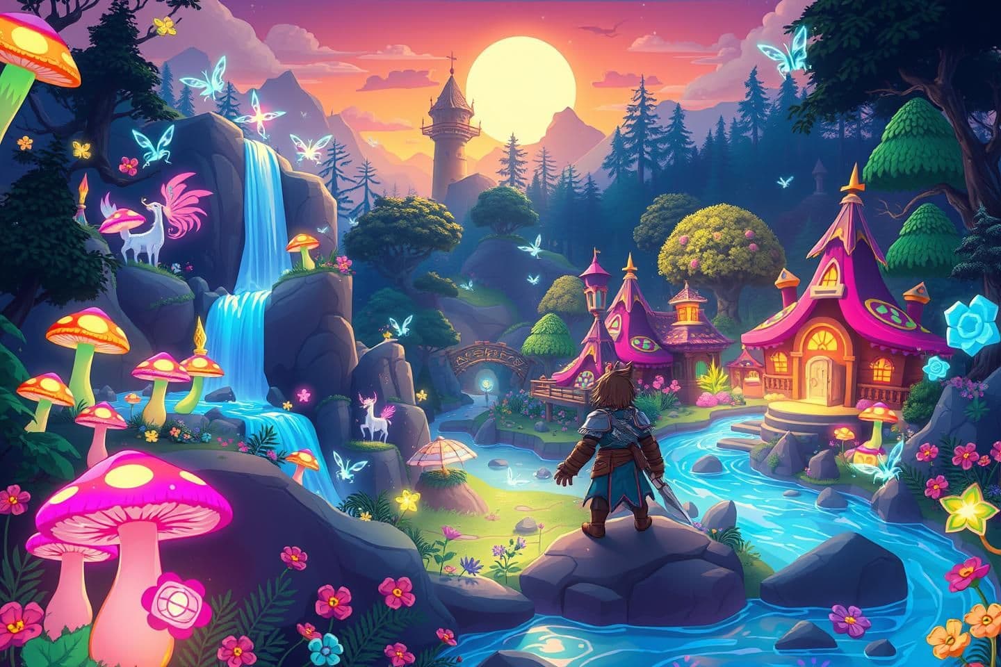 AI generated: "Create a vibrant fantasy scene set in a mystical forest glowing with neon mushrooms, floating islands, and enchanted weapons. Include mythical creatures like phoenixes, unicorns,
