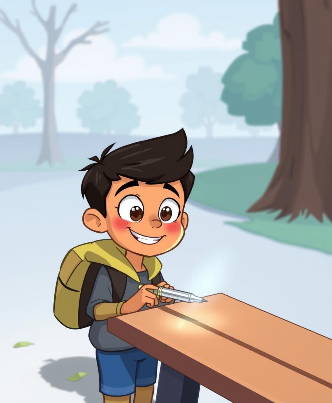 AI generated: Scene 1: Boy Finds Pen
"2D cartoon boy finding a shiny pen on school bench"
Ravi, a cheerful 2D cartoon boy with wide eyes and a backpack, spots a shiny fountain pen gleaming on th