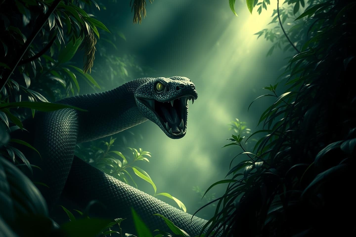 AI generated: Ultra-realistic 4K cinematic shot of a dense dark jungle filled with thick green plants, mist and dramatic lighting. A full-length dangerous snake completely visible from head to t