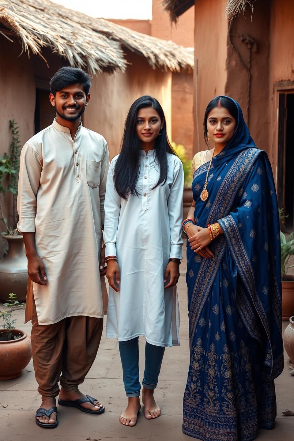 AI generated: {
"prompt": "Three real Indian people standing together in a rural village courtyard, all looking like real humans (no cartoon, no 3D, no illustration). A young Indian man wearin