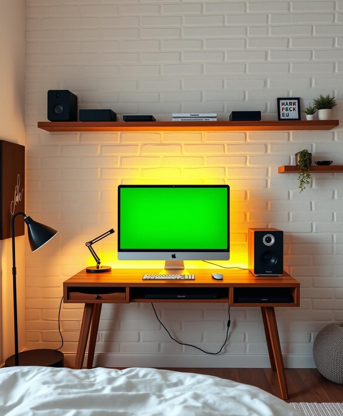 AI generated: A cozy, realistic home office or bedroom workspace with a minimalist setup. A simple wooden desk with a modern computer on it, showing a solid green screen. The scene includes natu