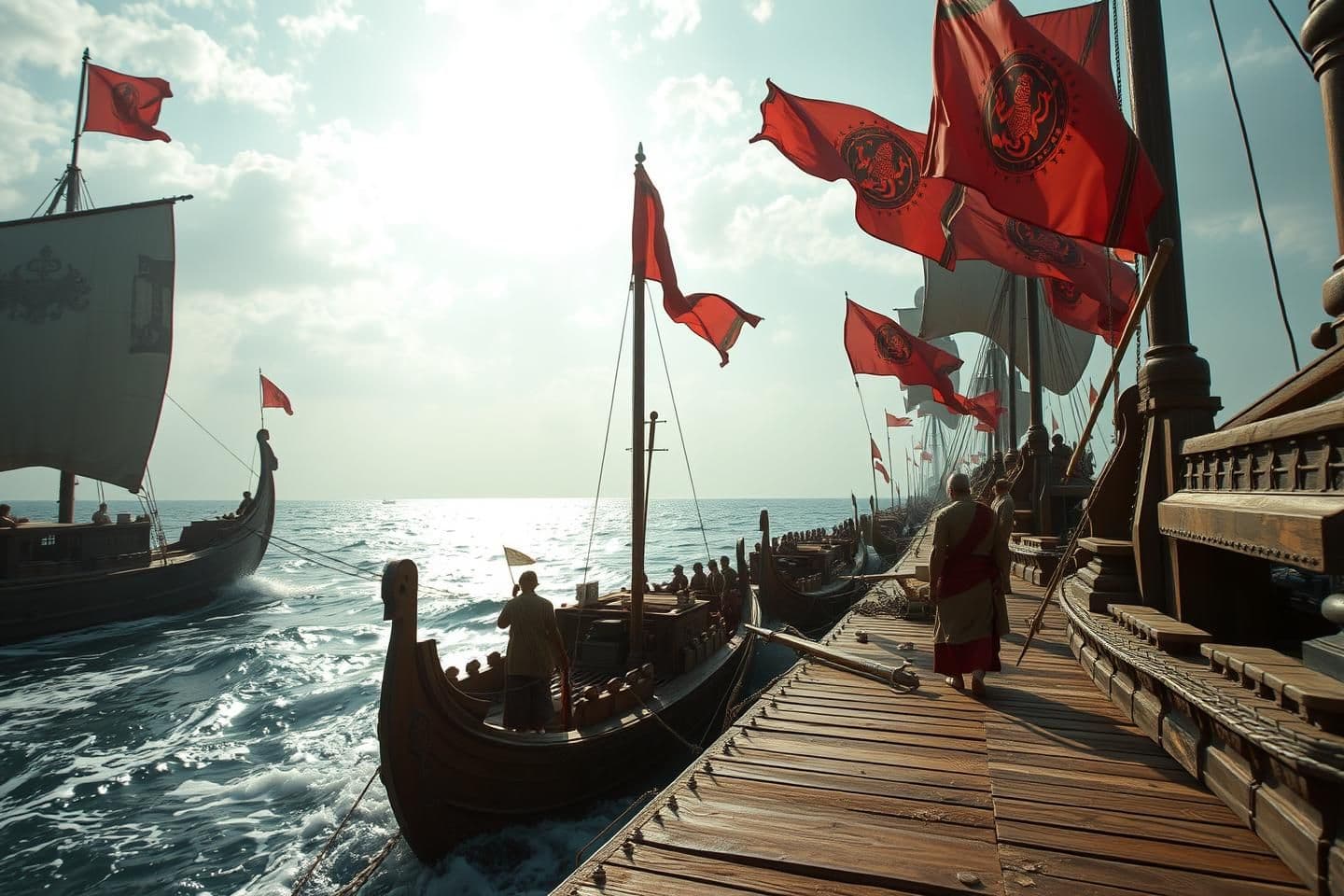 AI generated: “8K ultra realistic cinematic wide-angle shot, massive wooden Chola warships lined along the coast, detailed carvings of tigers and deities on hulls, red Chola flags waving strongl