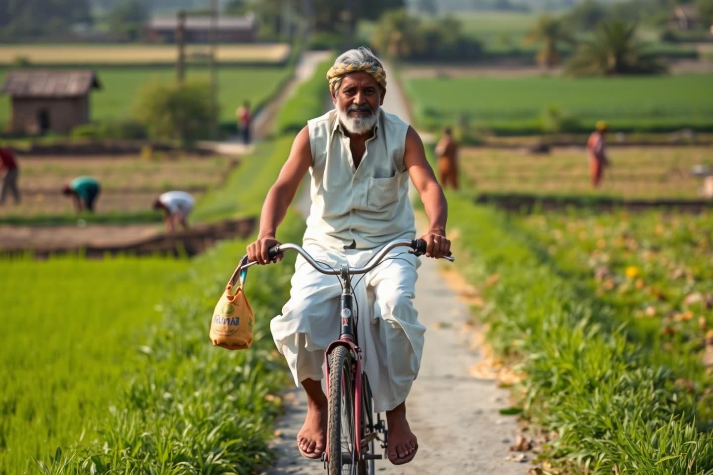 AI generated: Rajpal Yadav wearing white vest and white dhoti, riding a simple bicycle on a small road between village farmland. Green fields on both sides, farmers working, village environment,