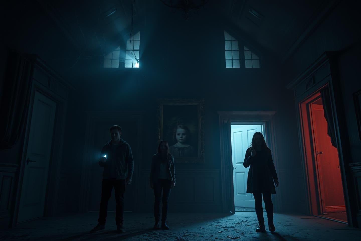 AI generated: Night scene inside an abandoned haunted mansion located in the mountains of a small mysterious town. Time is around 12 AM, the atmosphere is foggy and cold. Four young friends (two