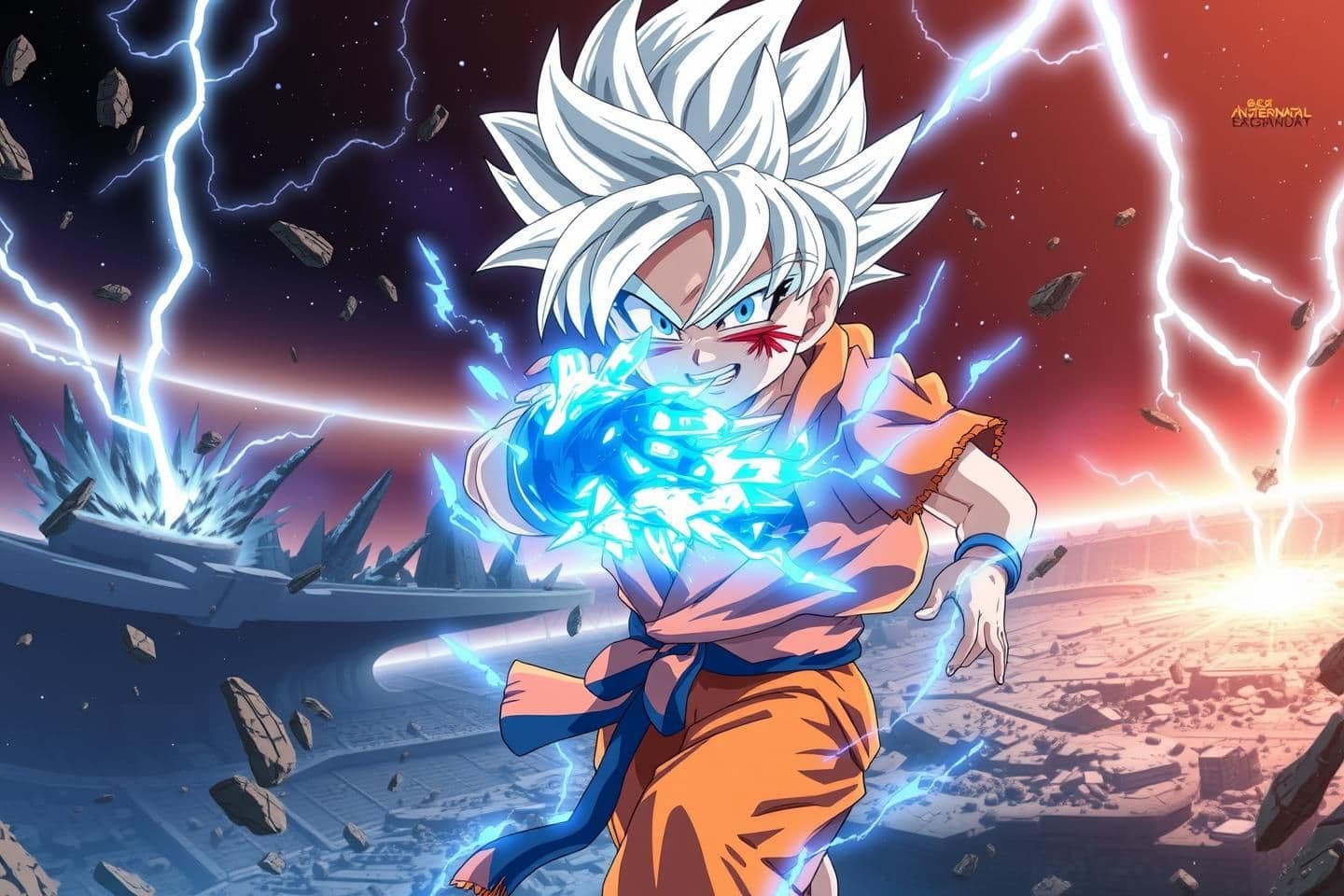 AI generated: Young anime warrior inspired by child Goku with silver hair and glowing eyes being injured, wearing a torn orange gi, The warrior’s silver-blue aura flares violently, and the backg