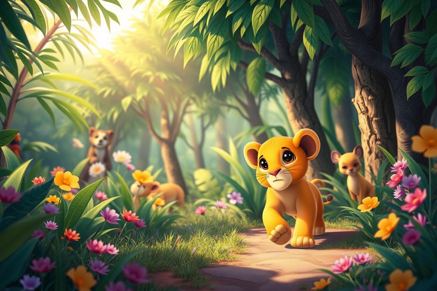 AI generated: 1. Leo in the Colorful Jungle
Prompt:
A small, cute young lion with bright curious eyes walking through a colorful jungle filled with tall green trees, vibrant flowers, and soft s
