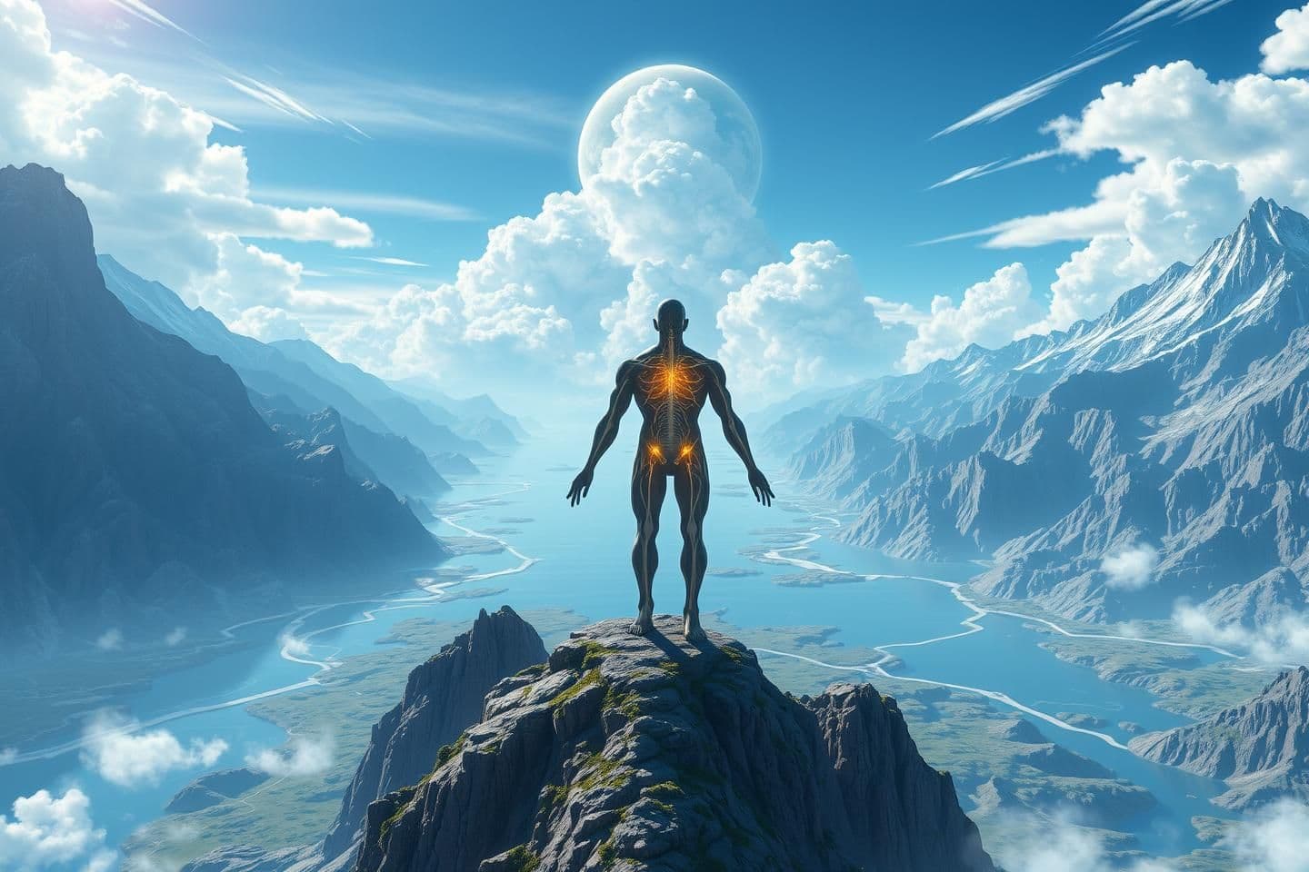 AI generated: Wide landscape showing strong mountains, balanced oceans, a sky suspended without pillars, glowing veins visible inside a human silhouette showing perfect design, style: 3d pixel,