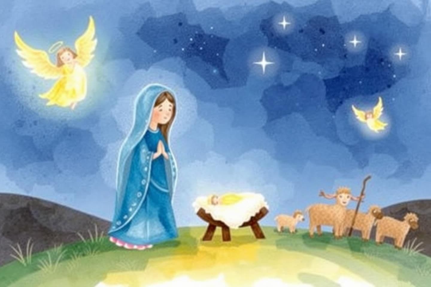 AI generated: “Soft watercolor children’s storybook style, warm pastel colors, gentle brush strokes. Keep characters consistent: Mary in blue, Joseph in brown (not in frame if not needed).
— Sce