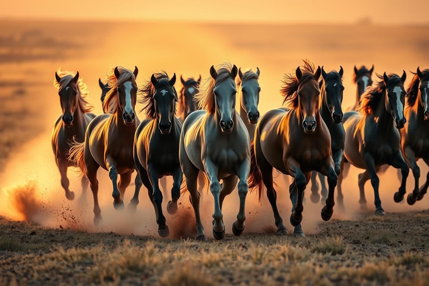 AI generated: A group of 6–10 powerful horses running at full speed across a dusty open field, kicking up clouds of dirt. Ultra-realistic details: flowing manes, muscular bodies, sunlight hittin