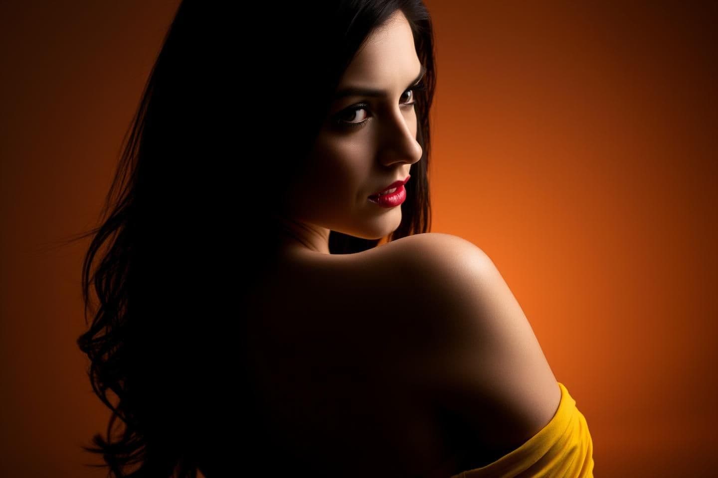 AI generated: A captivating studio portrait of a woman, with warm, soft lighting that highlights her features and creates dramatic shadows. She has long, dark hair flowing over her shoulders. He