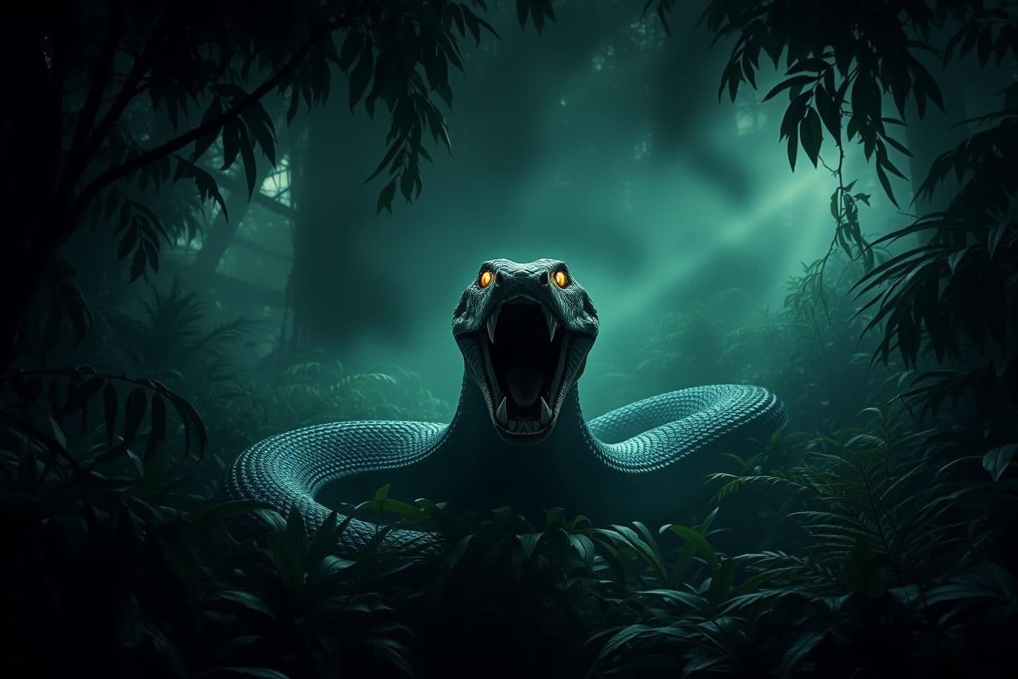 AI generated: Dense dark jungle filled with thick green plants and fog. A full-length dangerous snake completely visible from head to tail, positioned in the jungle. The snake has its mouth wide