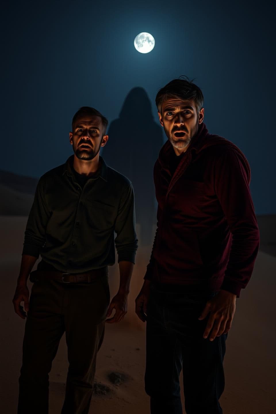 AI generated: Two men standing close together in a vast dark desert, both looking terrified with wide eyes and tense body language.
A faint ghostly silhouette or shadowy figure behind them, crea
