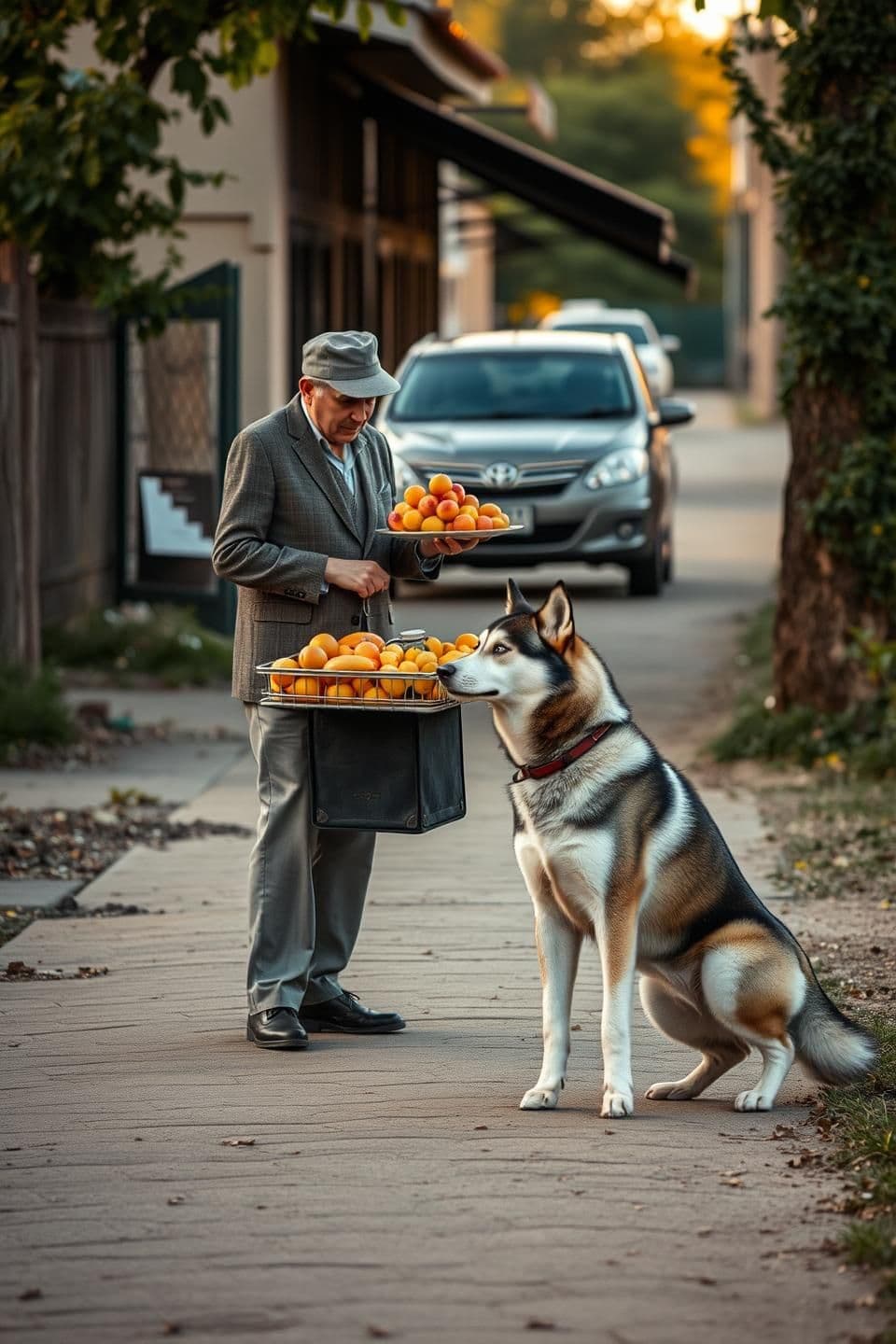 AI generated: Make a vendor sell, fruits to a gentleman in the foot path with his Husky beside him the man kept the briefcase down and forgot and goes to the car when the Husky see it it takes t