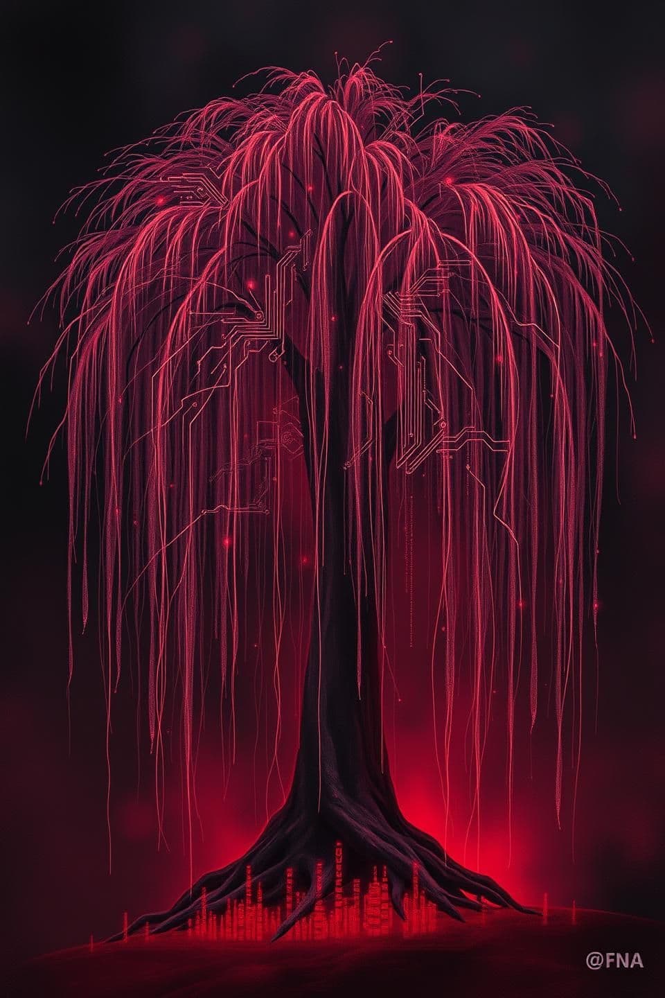 AI generated: mystical forest A professional digital painting for a profile image, showing a weeping willow tree whose long, flowing branches subtly transform into computer circuits, electronic