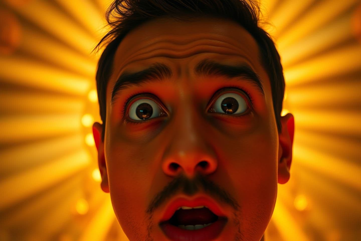 AI generated: A close-up thumbnail of a shocked YouTuber-style reaction face with wide eyes and glowing soft orange rim light, looking slightly to the side as if witnessing a divine miracle; beh