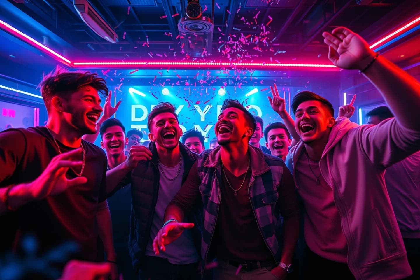 AI generated: Energetic boys night party scene, a squad of stylish young men laughing, dancing and celebrating under neon club lights. Modern bar setting with vibrant colors, glowing blue and pi