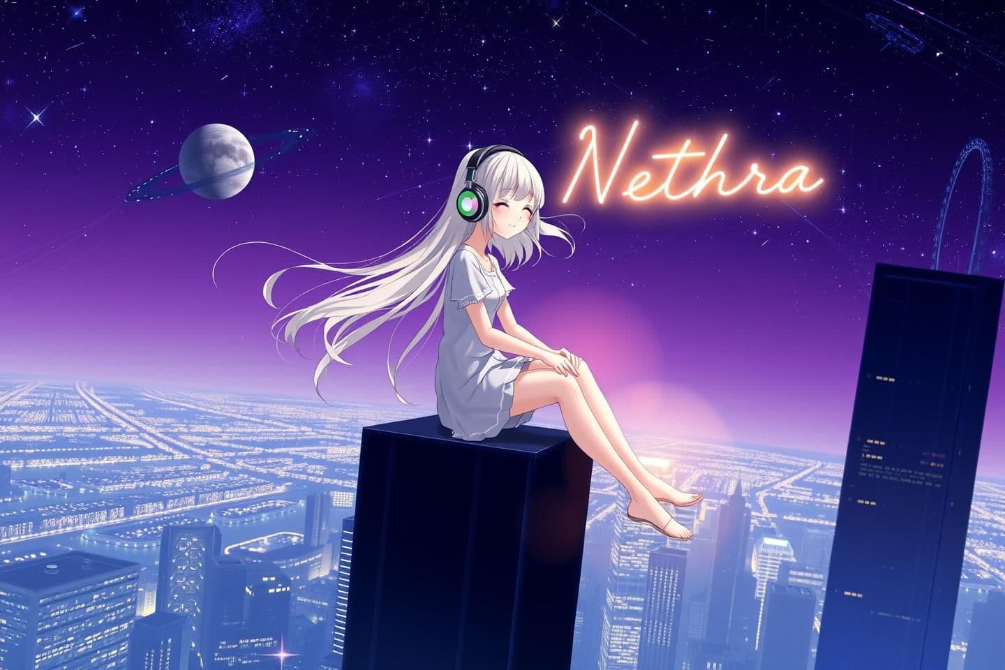 AI generated: Description :
An anime-style girl witg soft, flowing hair sitting gracefully on the edge of the highest skyscraper at night. She's wearing large, modern headphones, lost in mus