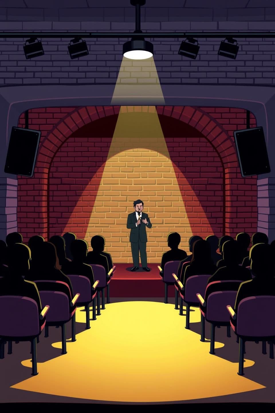 AI generated: Create a cartoon stand-up comedy stage inspired by a classic brick-wall comedy club, but redesigned with a fresh layout. Add a spotlight focused on the comedian at center stage. Ke