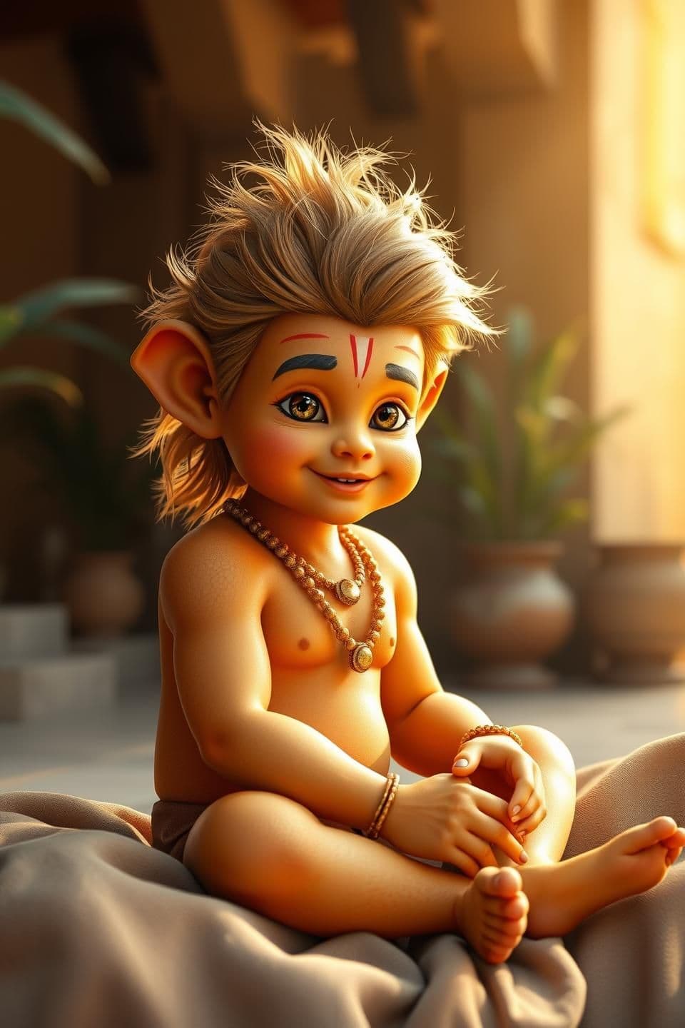 AI generated: “Baby Hanuman sitting in Kesari’s lap in the courtyard, realistic divine appearance, soft golden skin tone with subtle baby fur texture, expressive shining eyes, gentle smile, Kesa