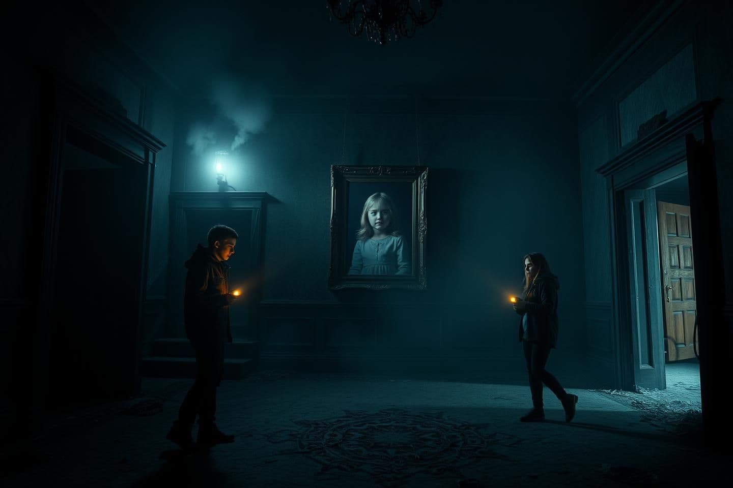 AI generated: Night scene inside an abandoned haunted mansion located in the mountains of a small mysterious town. Time is around 12 AM, the atmosphere is foggy and cold. Four young friends (two