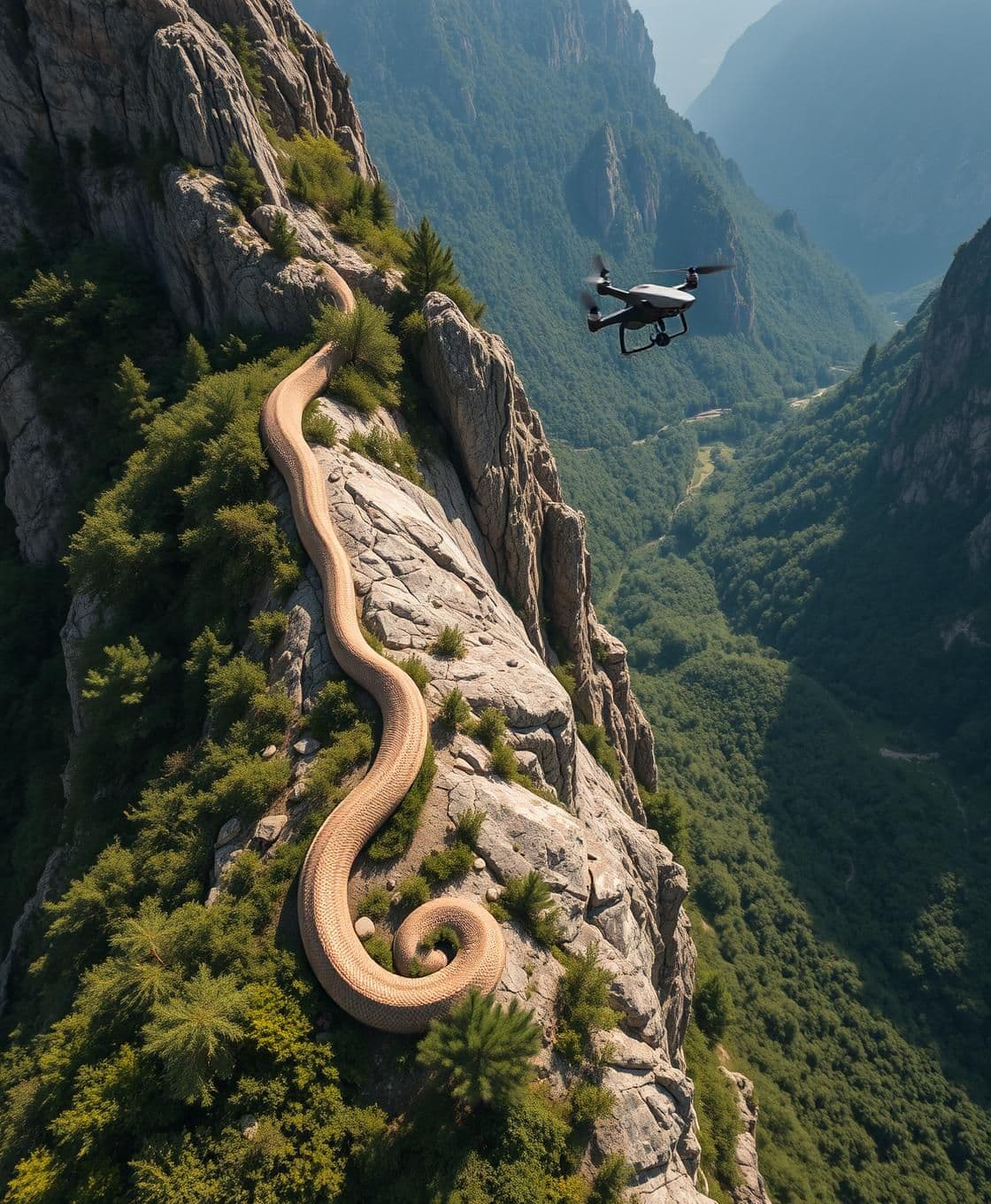 AI generated: "Aerial drone shot over a rugged mountain landscape with steep cliffs and dense green foliage. The camera captures a gigantic snake slithering along a rocky ridge, its scales glist