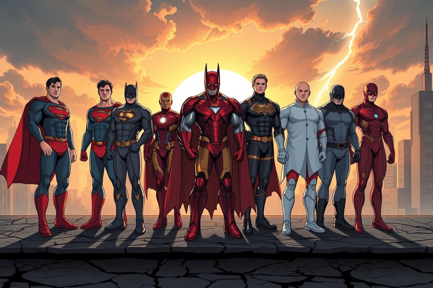 AI generated: A comic-book style 16:9 wide poster showing seven legendary heroes standing side by side in a straight horizontal lineup — Superman, Batman, Iron Man, Omni-Man, Saitama (One Punch