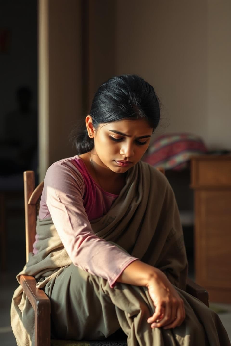 AI generated: Meera is sitting quietly, stressed about her college work. A young Indian girl sitting on a chair in a simple home interior, looking down with worry on her face. Natural morning li