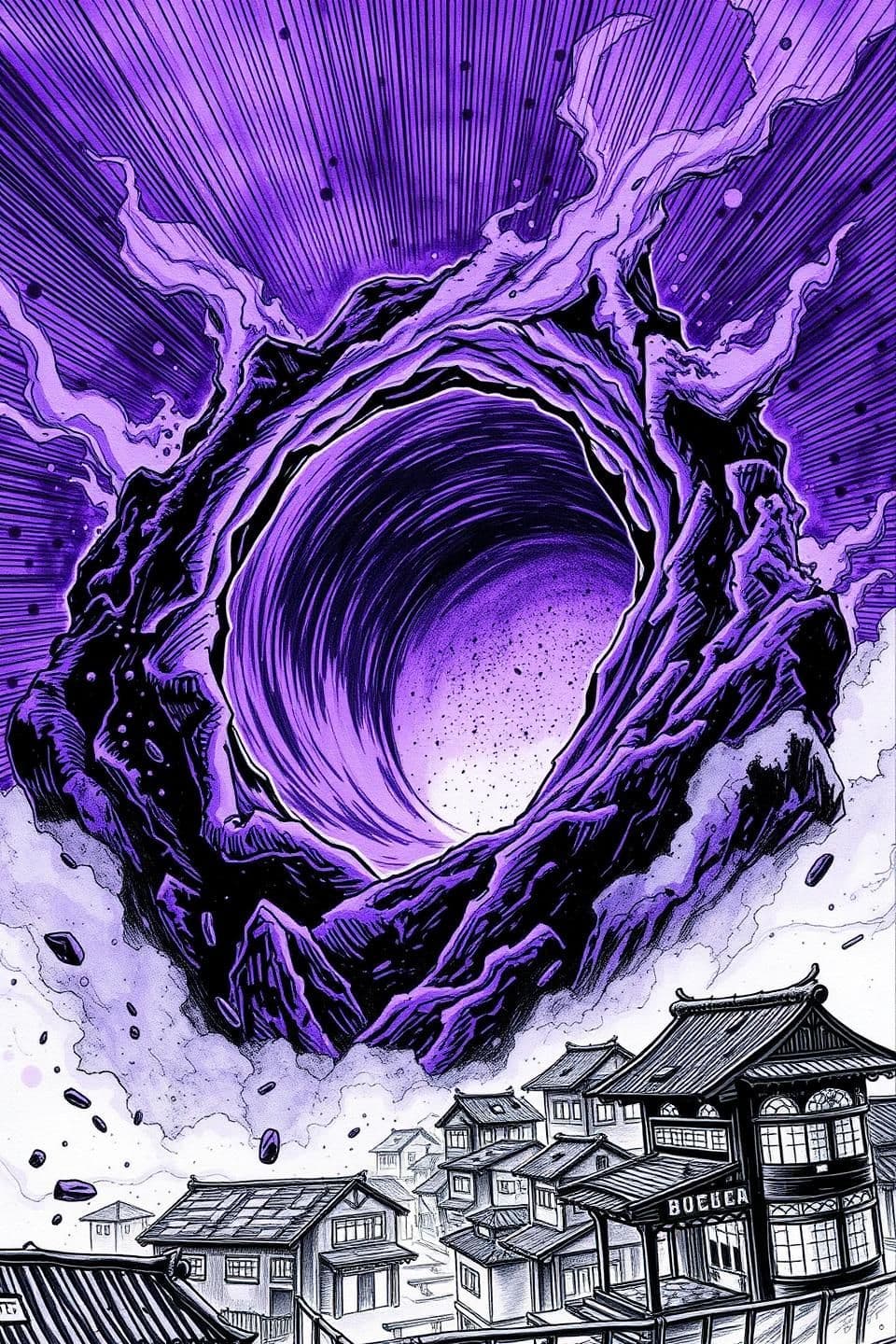 AI generated: P1.1 (Wide, Perspective Shot) 1. Focal Point: Ek vishaal, purple-black energy portal aakash mein. Iske edges jagged aur unstable hain (rough, textured pen strokes). 2. Lighting: Po