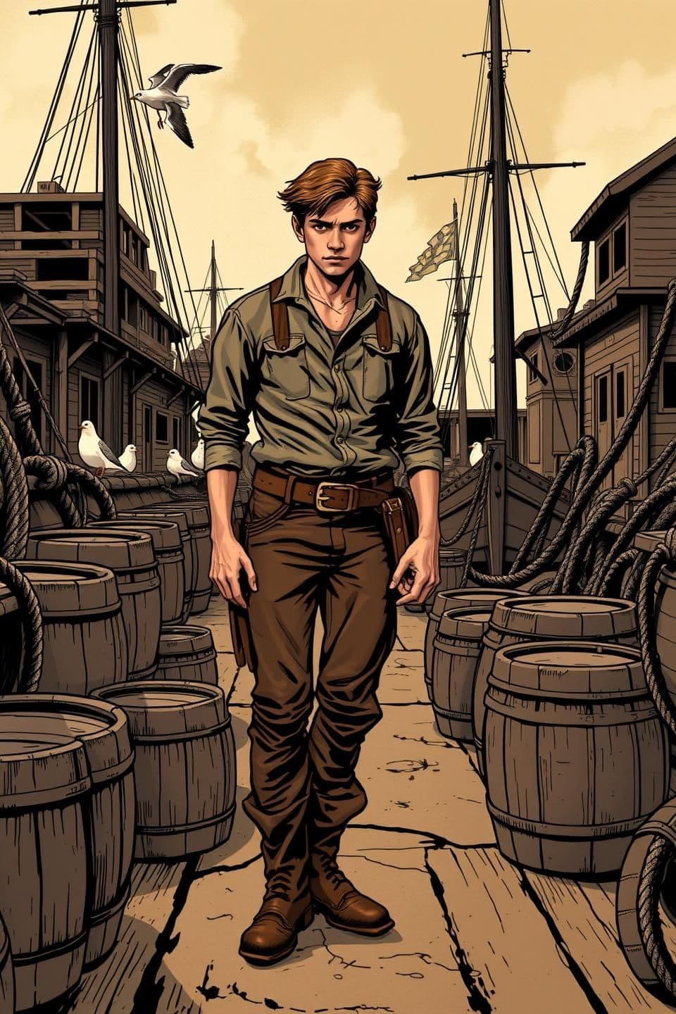 AI generated: “Depict Dax, a seventeen-year-old harbour labourer, in a historical period-piece setting resembling the late-1800s frontier era. Rendered in bold Western comic style with strong i