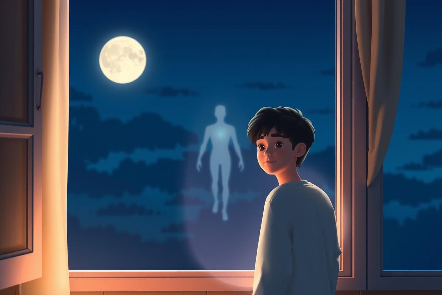 AI generated: A soft moonlit scene of a young person standing near a window, gentle light on their face, a faint glowing outline of a human figure behind them representing divine design, peacefu
